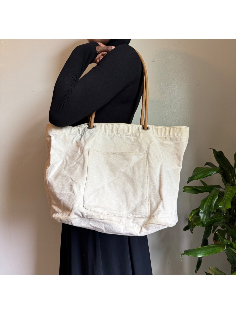 Urban Outfitters minimalist Cream Canvas Genuine Leather Straps Tote Bag